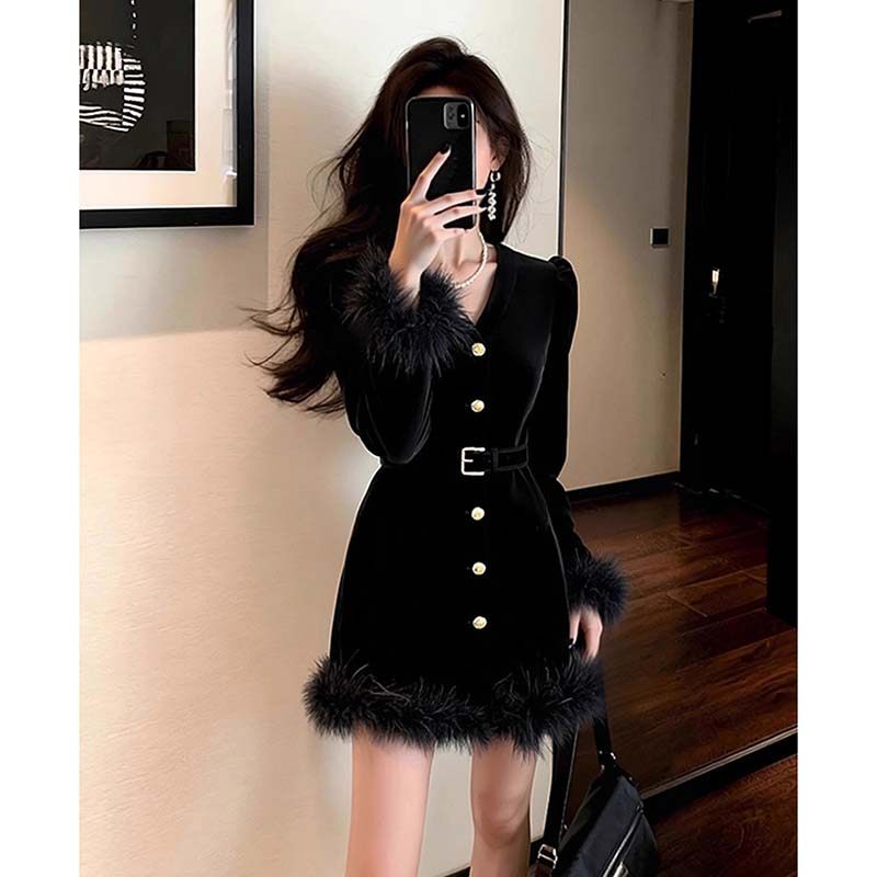 含腰带裙子高端精致收腰法式轻熟小个子黑色连衣裙TX0317