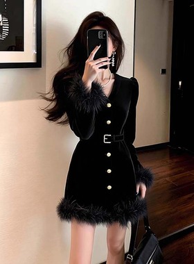 含腰带裙子高端精致收腰法式轻熟小个子黑色连衣裙TX0317