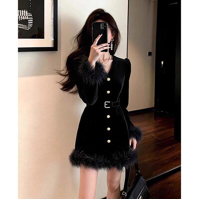 含腰带裙子高端精致收腰法式轻熟小个子黑色连衣裙TX0317