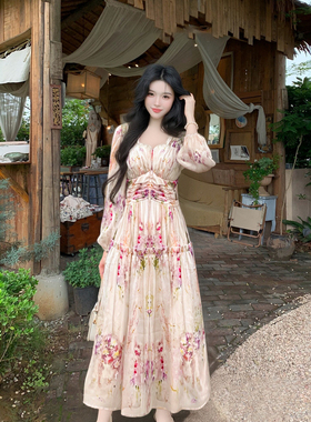 B【有里布】设计师品牌高级感碎花时尚气质收腰长袖连衣裙女D3183