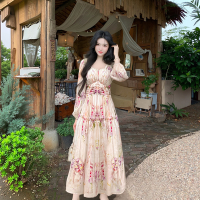 B【有里布】设计师品牌高级感碎花时尚气质收腰长袖连衣裙女D3183