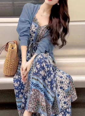 2026高级感超好看法式绝美蓝色开衫碎花吊带显瘦连衣裙套装D0628