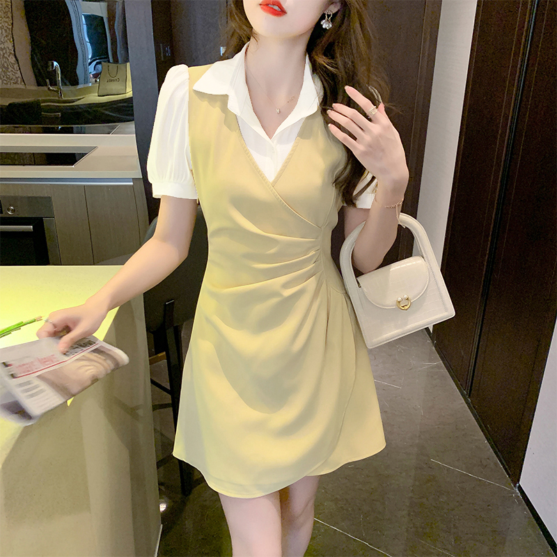 夏季假两件衬衫连衣裙子女夏装2025年新款小个子短裙气质显瘦9558