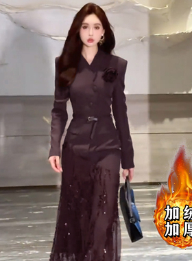 加绒加厚高端精致气质裙子2025春名媛高级感收腰连衣裙女2681