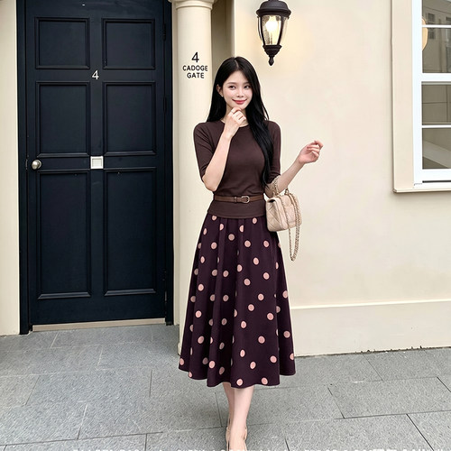 两件套送腰带2026夏季新款女复古高级感绝美波点半身裙套装D9685