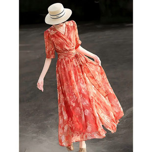 气质优雅法式 新款 2025夏季 长裙收腰V领连衣裙D1543 有里布