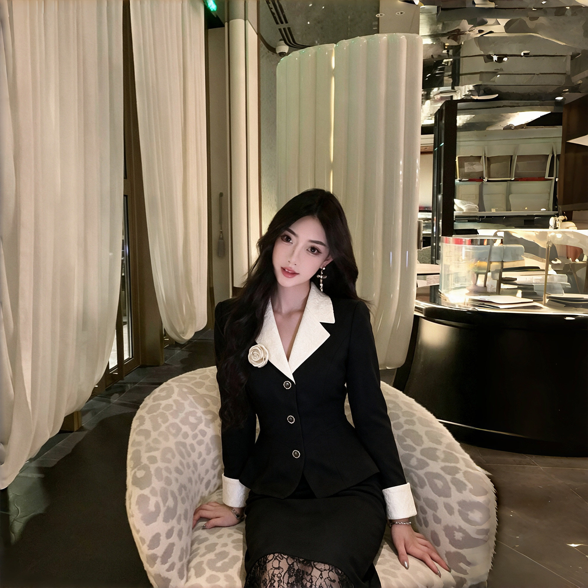 小香风黑色收腰西装外套蕾丝包臀裙套装女秋两件套气质套裙D3874