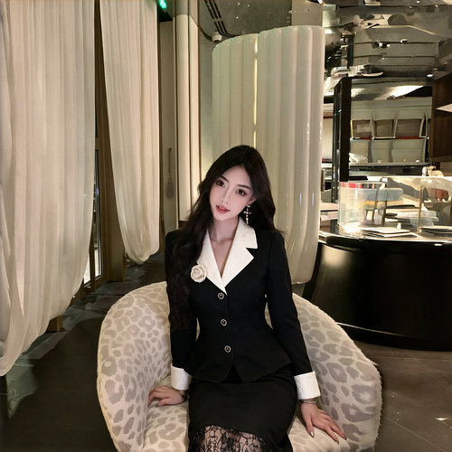小香风黑色收腰西装外套蕾丝包臀裙套装女秋两件套气质套裙D3874