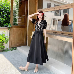 连衣裙D2148 气质名媛优雅黑色蕾丝拼接收腰V领短袖 2026春季 新款