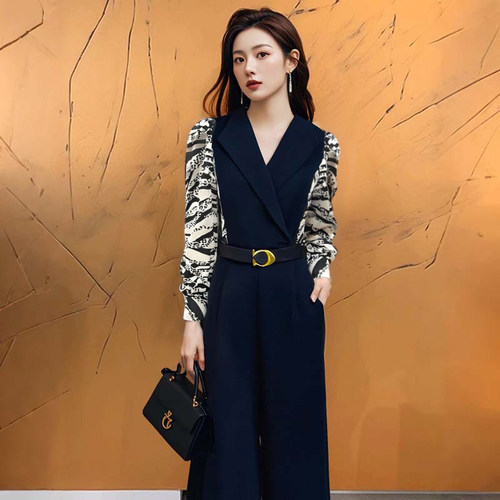 送腰带2026秋季新款气质通勤波点高腰系带连体裤女装D3505