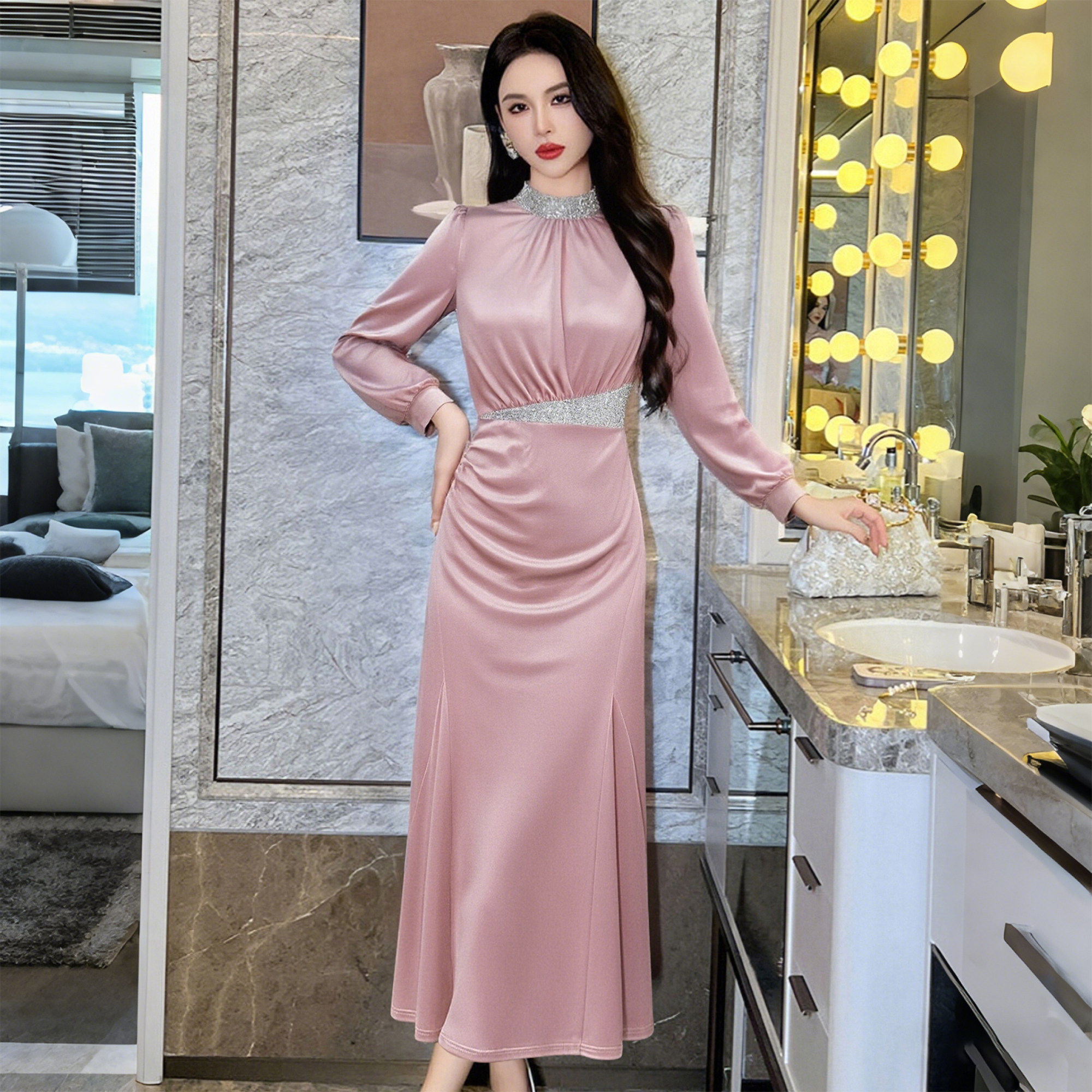 2026春季新款时尚显瘦晚礼服法式亮片拼接收腰鱼尾连衣裙QY0194A,女装/女士精品,连衣裙,淘宝优惠券,粉丝福利购,淘宝优惠卷