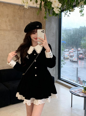 有里布法式黑色连衣裙2025秋季新款富家千金蕾丝拼接小黑裙TX0194