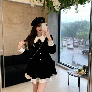 富家千金蕾丝拼接小黑裙TX0194 新款 有里布法式 黑色连衣裙2025秋季