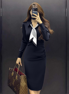 送丝巾气质女神范高端独特裙子2025秋季新款漂亮黑色连衣裙D3667