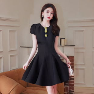 连衣裙夏小众设计短裙子D1939A 高级感泡泡袖 2025年新款 黑色法式