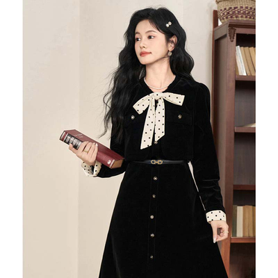 2025秋季新款送腰带法式连衣裙女气质收腰假两件长裙D3751