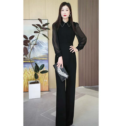 高腰春秋款连体衣长裤时尚女装修身直筒裤名媛显瘦直筒裤D3163