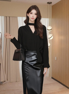 2025秋季新款时尚飘带纯色显瘦透气百搭长袖衬衫套装裙D3632