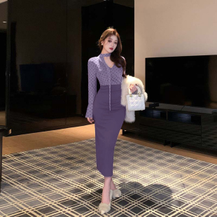 新款 包臀裙2026春季 独特漂亮掐腰连衣裙D4799 修身 温柔波点v领长袖