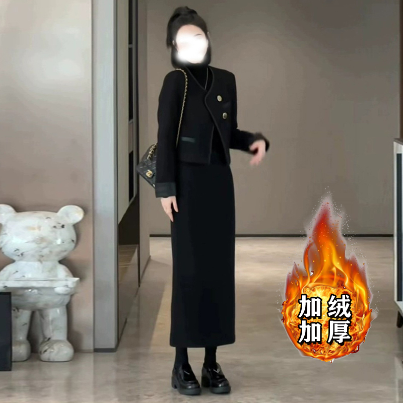 2025秋冬季新款加绒加厚小香外套半身今年流行套装裙两件套6390