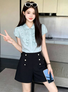 两件套2026夏季新款女法式别致绝美气质短袖上衣+短裤套装 D6428