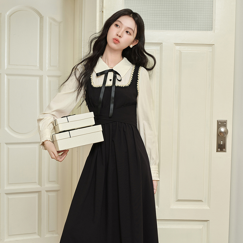 假两件学院风衬衫连衣裙2025春新款气质减龄长袖女装显瘦裙子2941