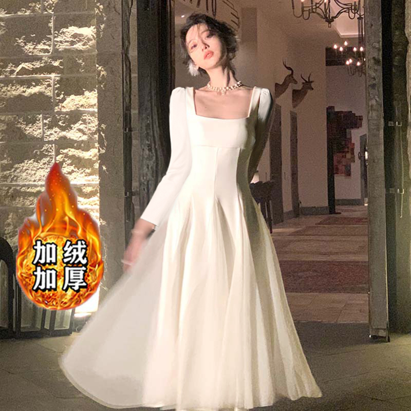 加绒加厚网纱蓬蓬仙女裙2025秋冬季新款感领证长裙连衣裙D4229