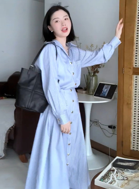 新款2026女装裙子法式长袖Polo领蓝色休闲条纹收腰衬衫连衣裙6742