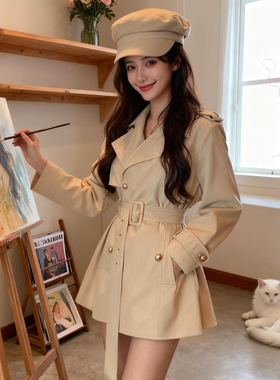 2025秋季新款有里布送腰带英伦风双排扣系带风衣女短款外套JT0072