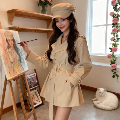 2025秋季新款有里布送腰带英伦风双排扣系带风衣女短款外套JT0072