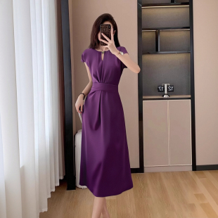 收腰绑带修身 气质高级感通勤短袖 紫色连衣裙女D1305B 新款 2025夏季