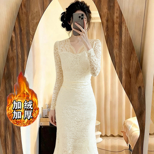 加绒加厚v领蕾丝鱼尾连衣裙2025秋冬新款女装高知得体裙子LJ0238