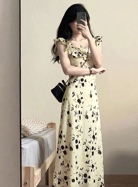 茶歇法式高级感小飞袖连衣裙荷叶边气质U领碎花裙鱼尾长裙子6938