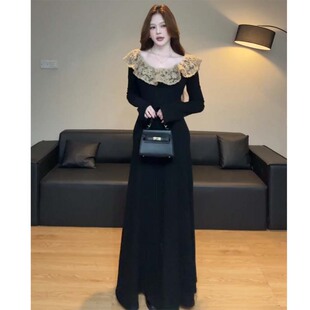 法式赫本风黑色长袖连衣裙 2025秋冬新款蕾丝拼接长裙D4268