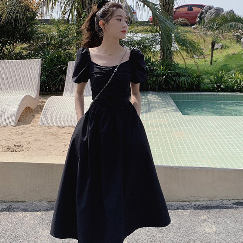 2026夏季新款韩版法式复古桔梗赫本风连衣裙女收腰显瘦长裙子6919