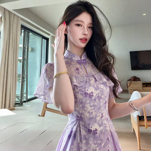 【有里布】新中式2025新款夏季少女气质绝美国风紫色碎花裙D2498