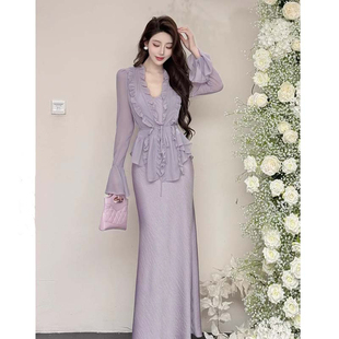 半身裙套装 深v修身 两件套DM0013 新款 有里布木耳边短上衣2025秋季