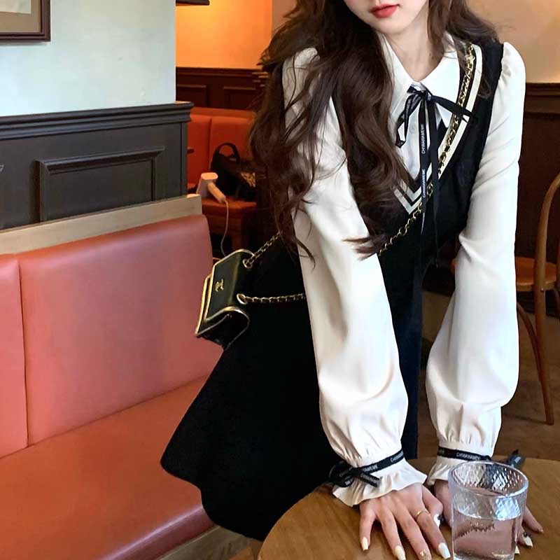 假两件衬衫连衣裙2025新款显瘦长袖黑色连衣裙女小个子D0723