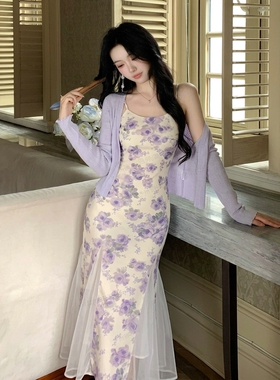 两件套2026夏季新款女收腰显瘦碎花吊带连衣裙开衫气质套装D6306