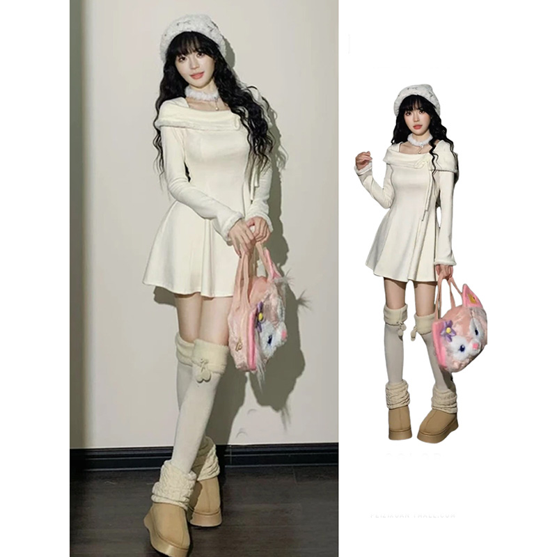 过年千金风穿搭法式打底连衣裙2025秋冬季时尚内搭毛衣裙D4124