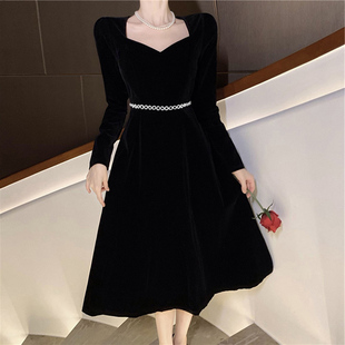 气质名媛方领收腰连衣裙2026黑色赫本晚礼服高端轻奢小众长裙6097