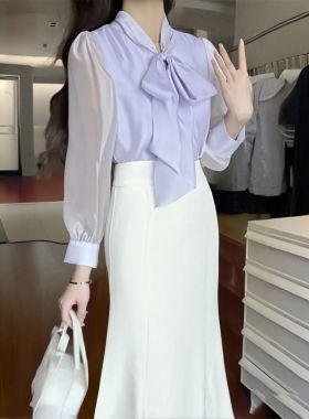 有里布2026春季新款女紫色系带灯笼袖衬衫+半身裙套装两件套D3573