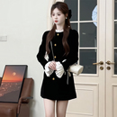 纯欲风甜美短裙春季 收腰显瘦设计感撞色拼接黑色连衣裙2353