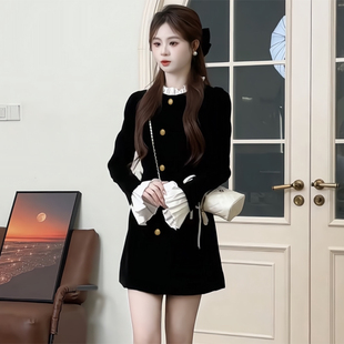 纯欲风甜美短裙春季 收腰显瘦设计感撞色拼接黑色连衣裙2353