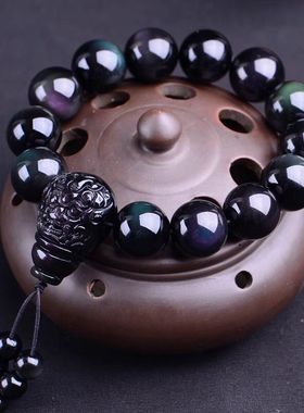 保真天然黑曜石彩虹眼手链男三通手串貔貅佛塔貔貅佛珠手串时尚