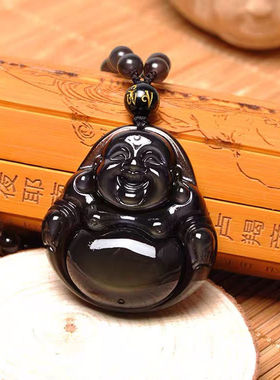 天然冰种彩虹眼黑曜石弥勒