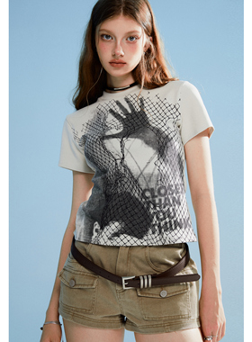 LINY LIBERTY 23SS 复古黑白印花圆领修身短袖t恤女夏季辣妹上衣