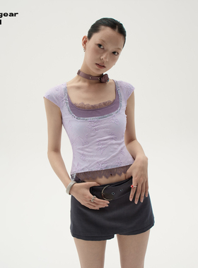 LINY LIBERTY 24SS 性感紫色蕾丝边u领正肩短袖t恤女甜辣掐腰上衣