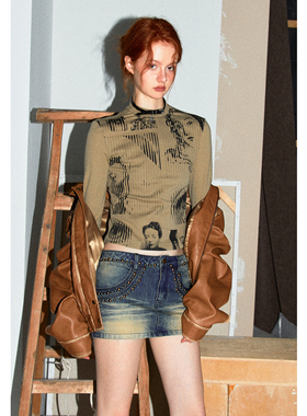 LINY LIBERTY 23SS 美式复古印花圆领长袖t恤女修身设计感上衣