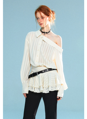 LINY LIBERTY 23SS 米黄色条纹衬衫短款斜肩连衣裙女小众设计感裙